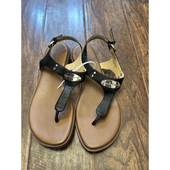 MICHAEL KORS Womens 8.5M Black Thong Flat Sandals MK Logo Casual Summer - Picture 1 of 7